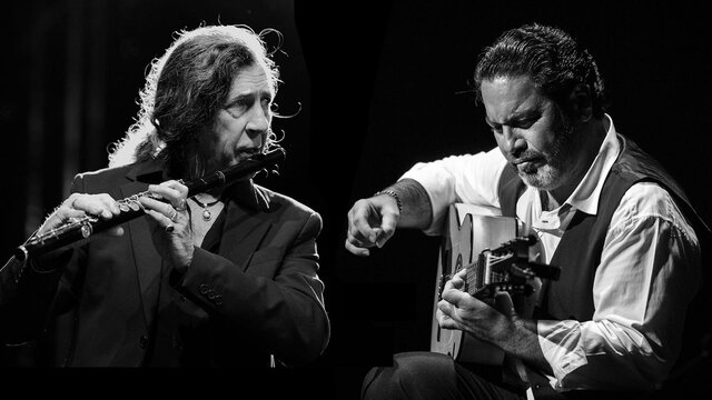 Photo of the artist, Jorge Pardo & Paco Lara Two men, one playing flute, one playing guitar.
