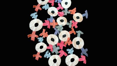 Textile artwork depicting a collection of transgender symbols.