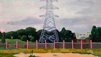 A power line with pink fence in the forground