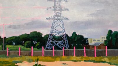 A power line with pink fence in the forground