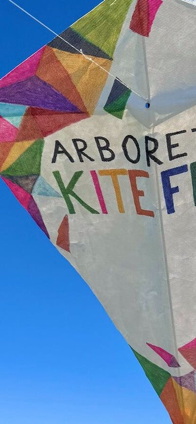 A hand decorated white kite floats in a bright blue sky with the words 'Arboretum Kitefest'