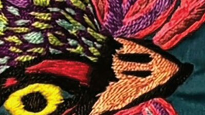 A brightly coloured bird in red, purple, and green with a yellow eye. Embroidery on fabric