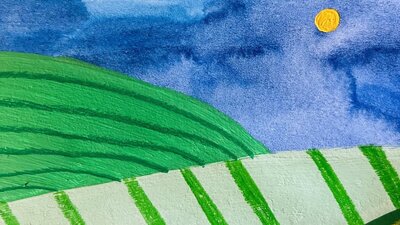 Kelsie White, Journeying Together, 2025 Bold coloured patterned abstract landscape