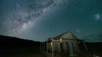 This shows the  Milky Way core rising behind the historic Brayshaw's Homestead stead built in 1903