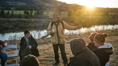 Tim the Yowie Man explaining something at Lanyon Homestead