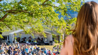 Person watching CSO perform at Live at Lanyon with large picnicking crowd