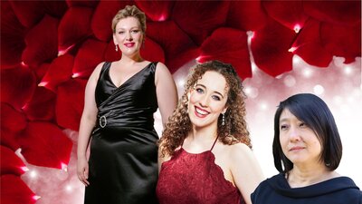 Concert with red petals in background and images of three women in the foreground.
