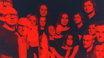 A red-tinted collage of the six singers of Luminescence multi-exposed to create a collage effect