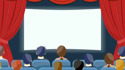Movie Premiere Movie screen with people seated viewed from behind