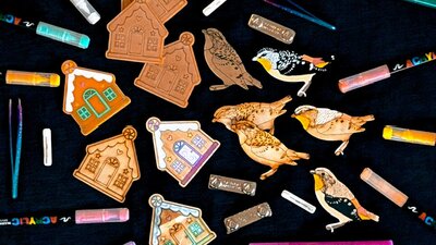 Assorted craft supplies and brooch elements