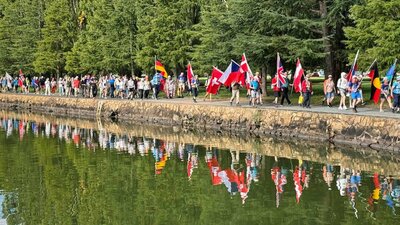a croud of people walking holding country flags