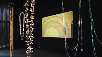 Installation view of Maree Clark: Seeing the Invisible with reed necklaces and projection in backgro