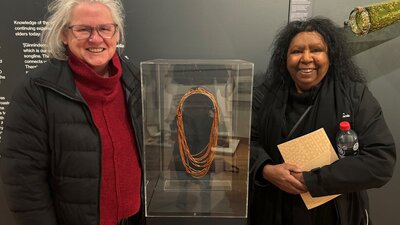 Dr Robyn McKenzie and Maree Clark Dr Robyn McKenzie and Maree Clark at CMAG with one of Maree's artworks