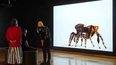 A group of people observing Art I-II by Maria Fernada Cardoso