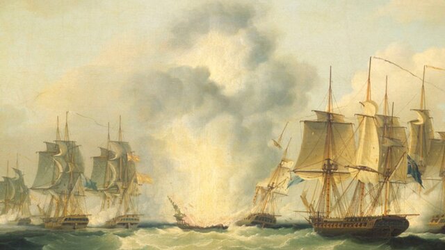 Francis Sartorius (1777–1831), Four frigates capturing Spanish treasure ships, 5 October 1804 A painting depicting a battle between sailing ships at sea