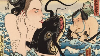 Masami Teraoka, Catfish envy, 1993, National Gallery of Australia, Kamberri/Canberra A print of a water scene including man a woman and catfish