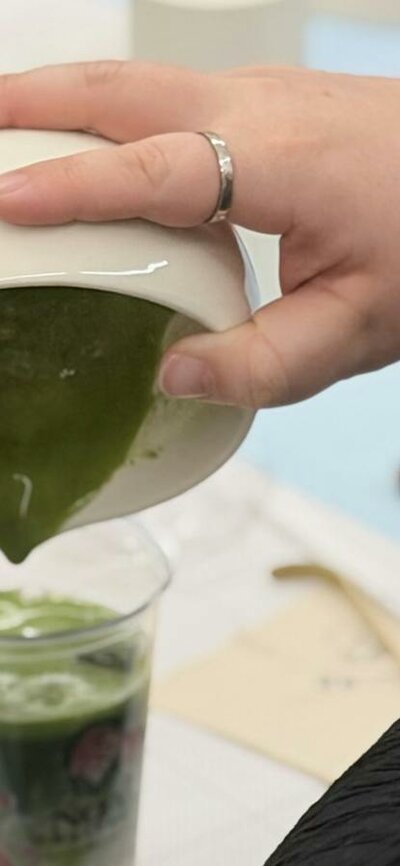 Matcha served at a NOA Matcha ceramic painting workshop