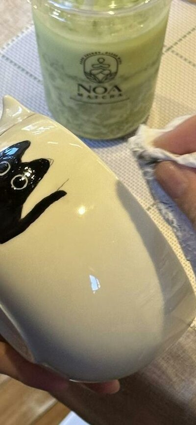 Guest hand-painting a ceramic cup at a NOA Matcha workshop