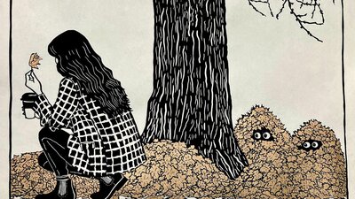 A linoprint depicting two hidden creatures eyes peeping  towards a woman observing a leaf.