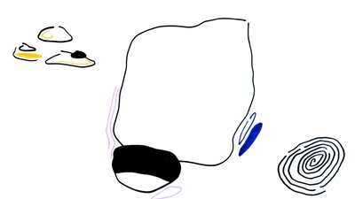 Abstract line drawing with organic shapes, black forms, yellow accents, blue marks and spiral motif