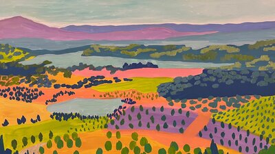 A colourful painterly depiction of the view from Arboretum.