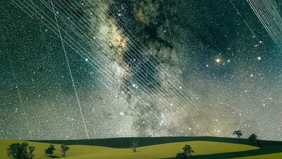 Satellites Canola and Milky Way Satellite Trails, Canola fields and Milky Way