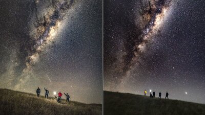 A group of astrophotographers under the Milky Way Group photo under the stars