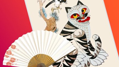 Korean folk painting of minhwa tiger and image of white paper fan with a floral decoration.
