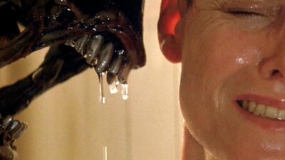 Winter Warmers Movie Marathon: Alien Trilogy Woman looking scared on right with alien figure with dripping teeth threatening her