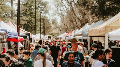 Image of people walking between the marquees at the Haig Park Village Markets