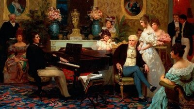 Chopin at the piano in a 19th Century salon with opulently dressed admirers listen on.