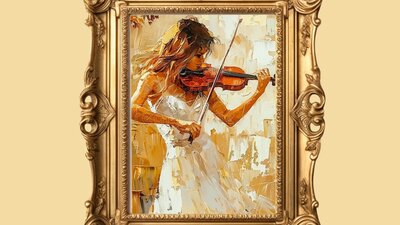 A vibrant oil painting of a woman in a flowing white dress playing the violin, framed in ornate gold Impressionistic oil painting of a woman in a white dress playing the violin, set in an elaborate gol