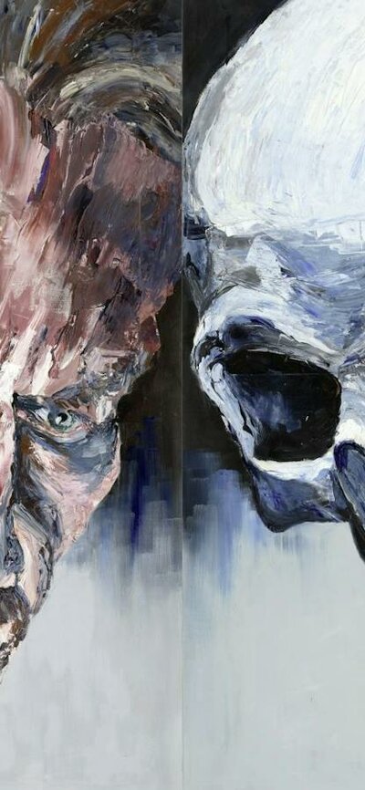 Memento Occidi by Ben Pronk head of a man looking into the centre along with a skull on the opposite side