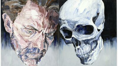 Memento Occidi by Ben Pronk head of a man looking into the centre along with a skull on the opposite side