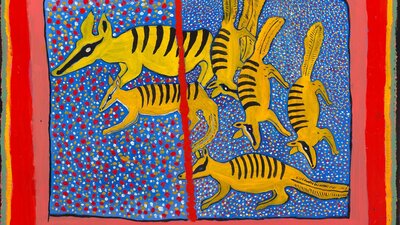 Bright, stylised painting of several yellow numbats with black stripes.