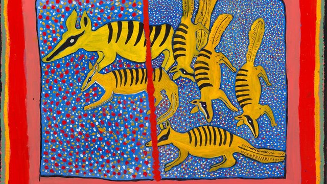Bright, stylised painting of several yellow numbats with black stripes.
