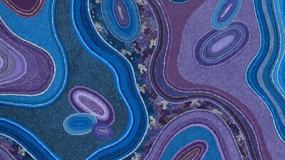 Artwork showing multiple swirling layers in shades of blue, purple, and hints of brown.