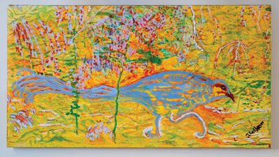 Painting of a blue lyrebird with an abstracted bushland background in yellow