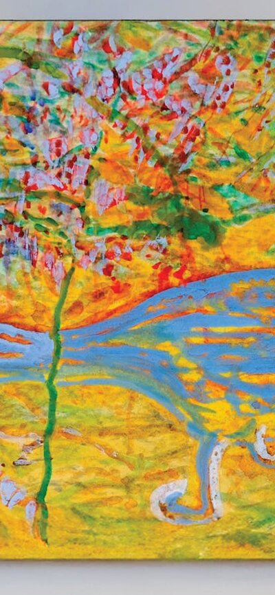 Painting of a blue lyrebird with an abstracted bushland background in yellow