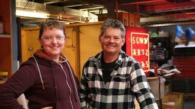 Teaching artist David Cooper with neon artist Rose-Mary Faulkner Neon studio at Canberra Glassworks