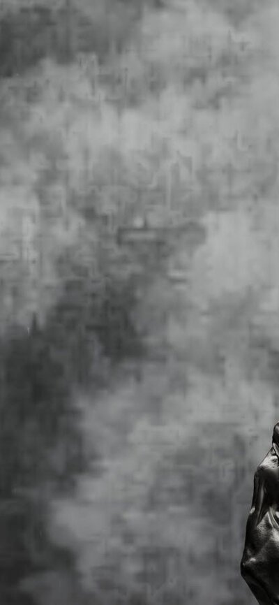 Inferno, 2025 (detail) black and white abstract fluid imagery with billowing in bottom right hand corner