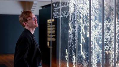 Visitor looking at installation of Inferno by Mikaela Stafford