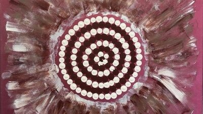 An abstract pattern of concentric circles of dots on a a background of bold, radiating brushstrokes.