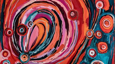 Aboriginal painting of country with round and looping shapes