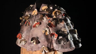 A short cape with fabric bogong moths appliqued to it.