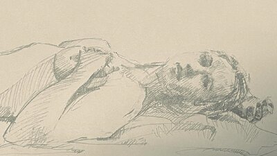 Sketch of a woman laying down looking toward the artist