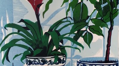 A painting of two plants in blue and white pots with green leaves in front of a pale blue tiled wall