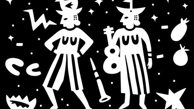 5th National Indigenous Art Triennial: After the Rain exhibition identity by Aretha Brown. A black background with drawn white silhouettes of 2 people, instruments, food and stars.