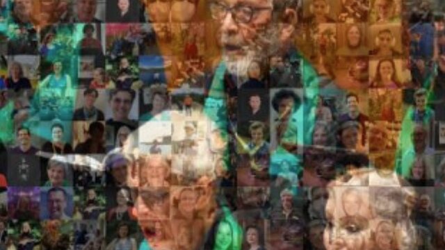 CCS Our Stories Mosaic Male and female choristers singing against a multi-image background of people