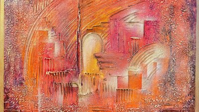 A textiled acrylic painting on canvas depicting a cityscape in hues of warm reds, orange and yellow.
